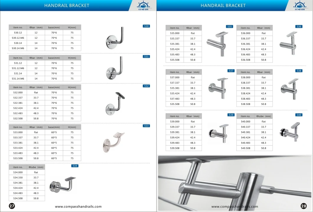 Adjustable Round Pipe Stainless Steel Wall Bracket Handrail Support